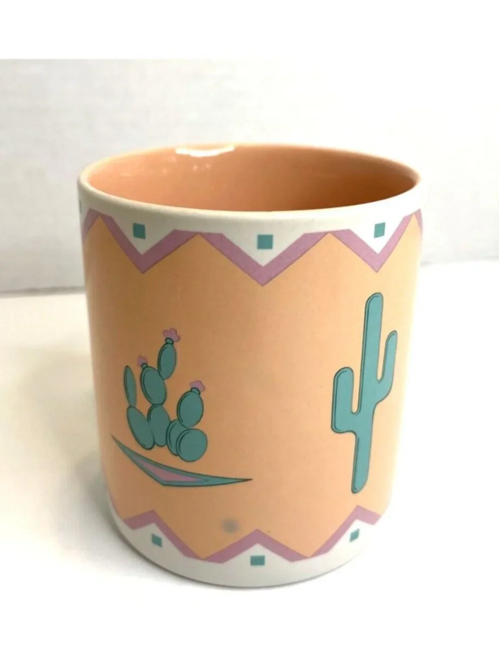 Southwest Ceramic Mug Cup Green Cactus Peach Teal Cowboy Arizona 1980s Vintage - Picture 3 of 6